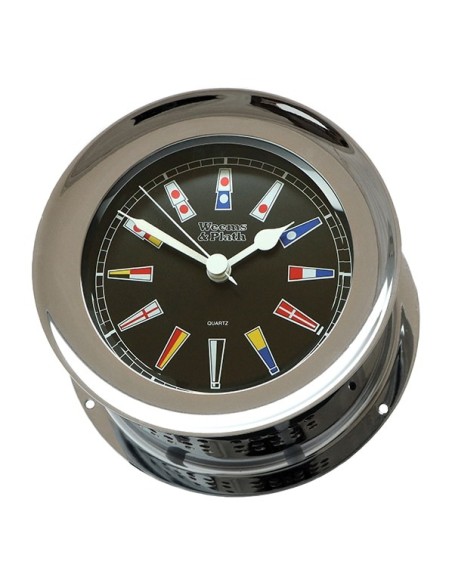 Weems & Plath Atlantis Nautical Flag Clock Black Dial Chrome - 138 mm